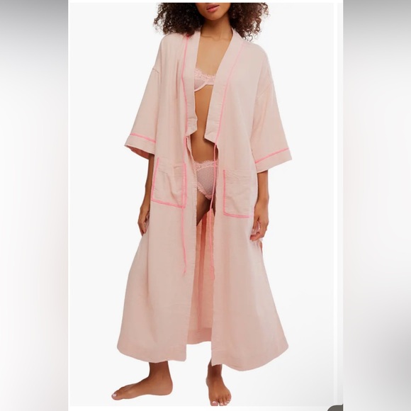 Free People Other - Free People Close To Home Flannel Robe, Size M/L, Peach Combo, NWT